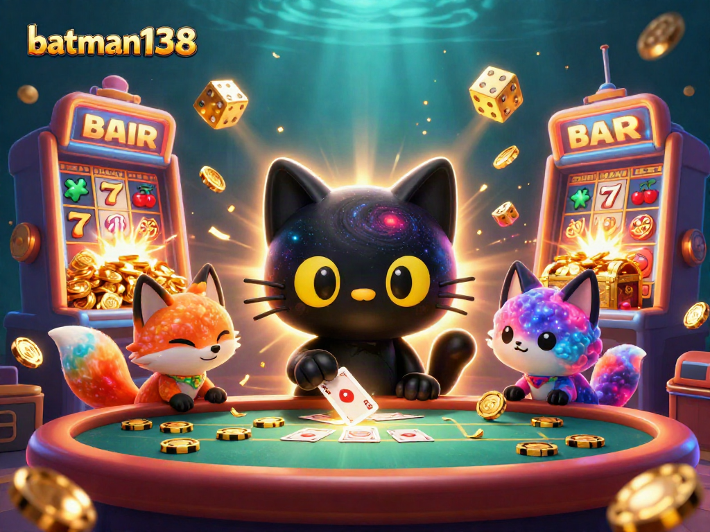 Engage with batman138 at a cosmic casino table filled with vibrant gaming elements and cosmic charm.