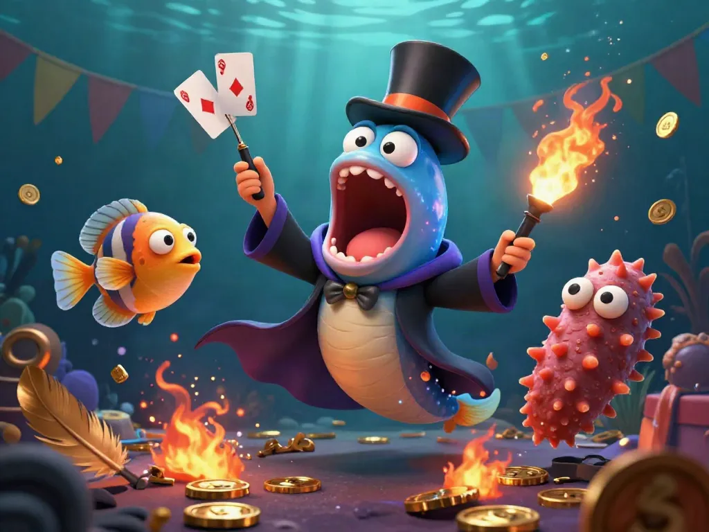 Engage with sky88's thrilling card tricks in a vibrant underwater casino scene filled with gold tokens.