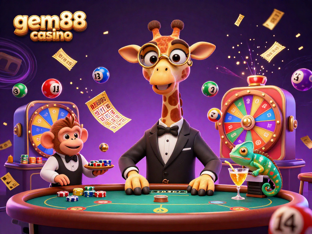 Engage with gem88 casino through this vibrant 3D scene featuring colorful gaming elements and characters.